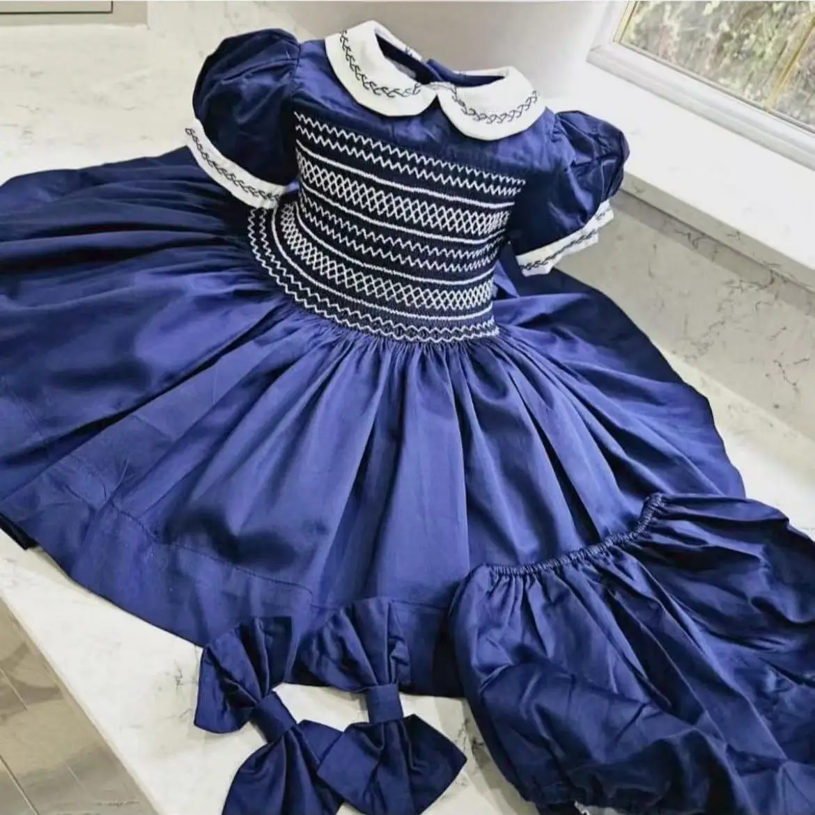 0-12Y Baby Girl Summer Navy Blue Handmade Embroidery Smocked Vintage Princess Dress for Birthday Photography Holiday Eid A294