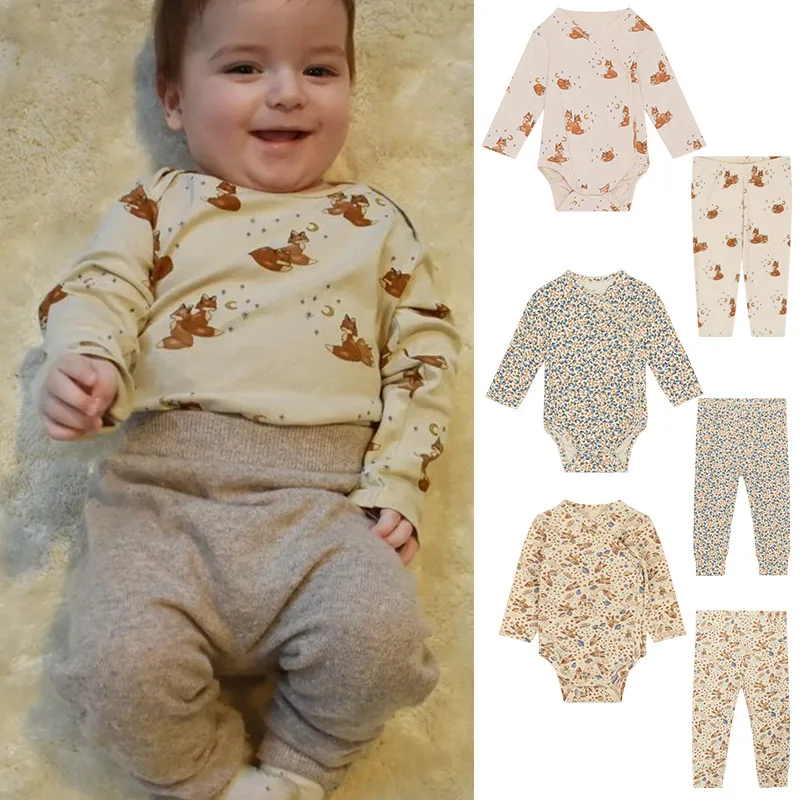 0-24M Newborn Kid Baby Boys Girls Clothes Set Print Long Sleeve Bodysuit Top and Pant Suit Cute Cotton 2pcs Clothing Set Outfit