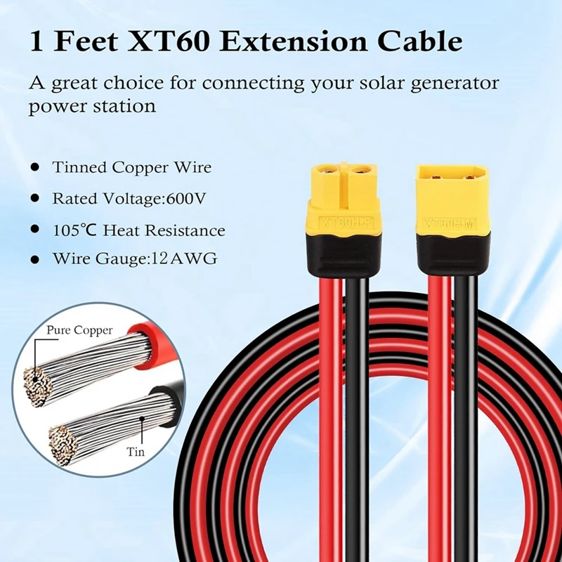 태양 전지 패널 RC 배터리 예비 부품용 수-암 커넥터가 있는 XT60 익스텐션 케이블, 12AWG 1FT XT60 ~ XT60 케이블, 2 개