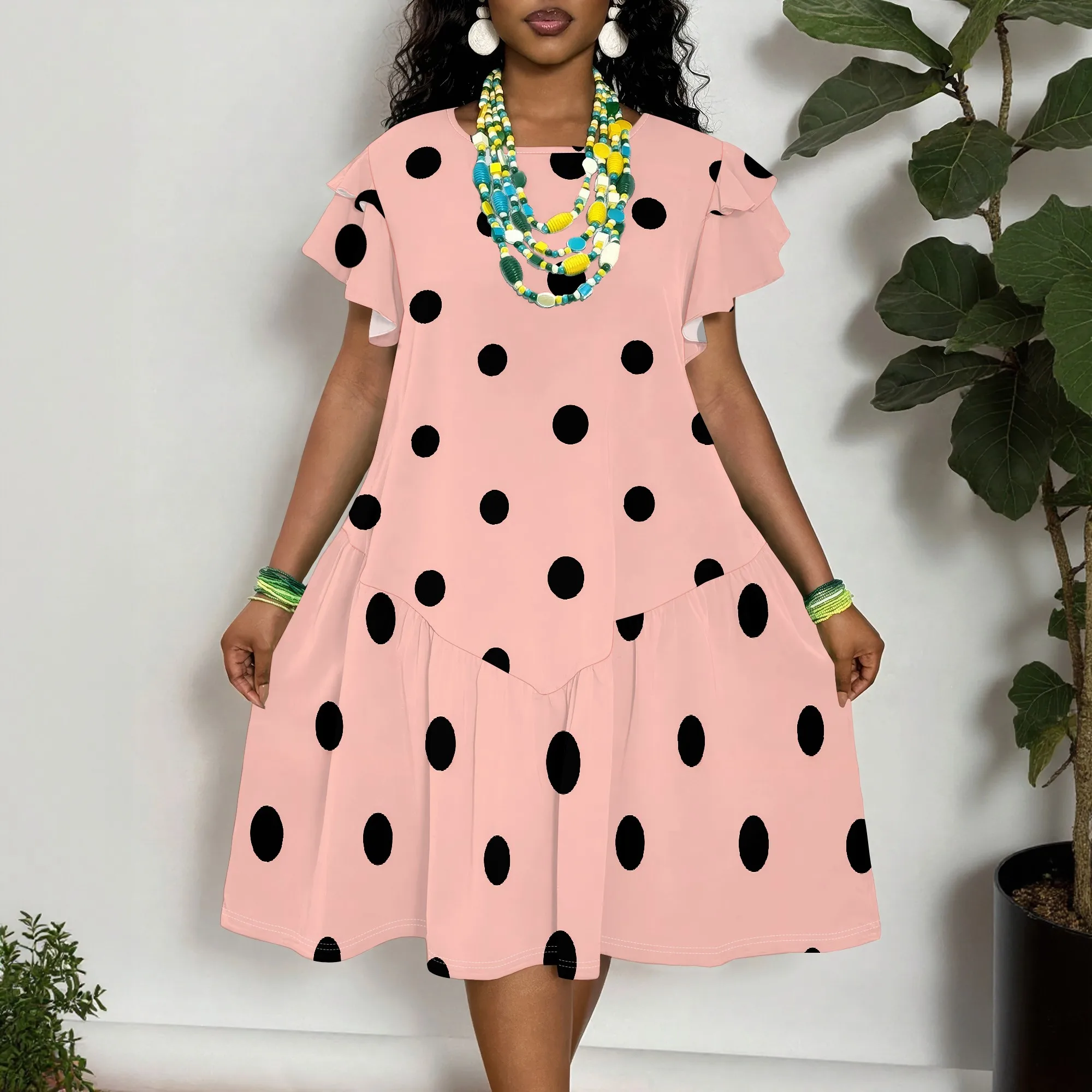 

Women's Plus Size Polka Dot Dress Pink Short Sleeve A-Line Swing Casual Summer Dress XL-6XL
