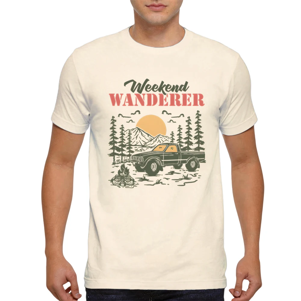 Mens 100% Cotton Short Sleeve T Shirt Wanderer Retro Pickup Truck Campfire Mountain Graphic Print Outdoor Camping Daily Tees