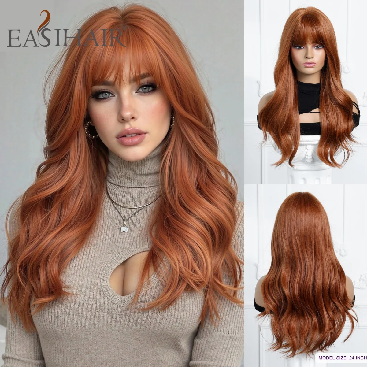 22 Inch Ginger Brwon Soft Natural Long Curly Wig with Light Brown Bangs 150% Density Heat Resistant for Women Daily Halloween