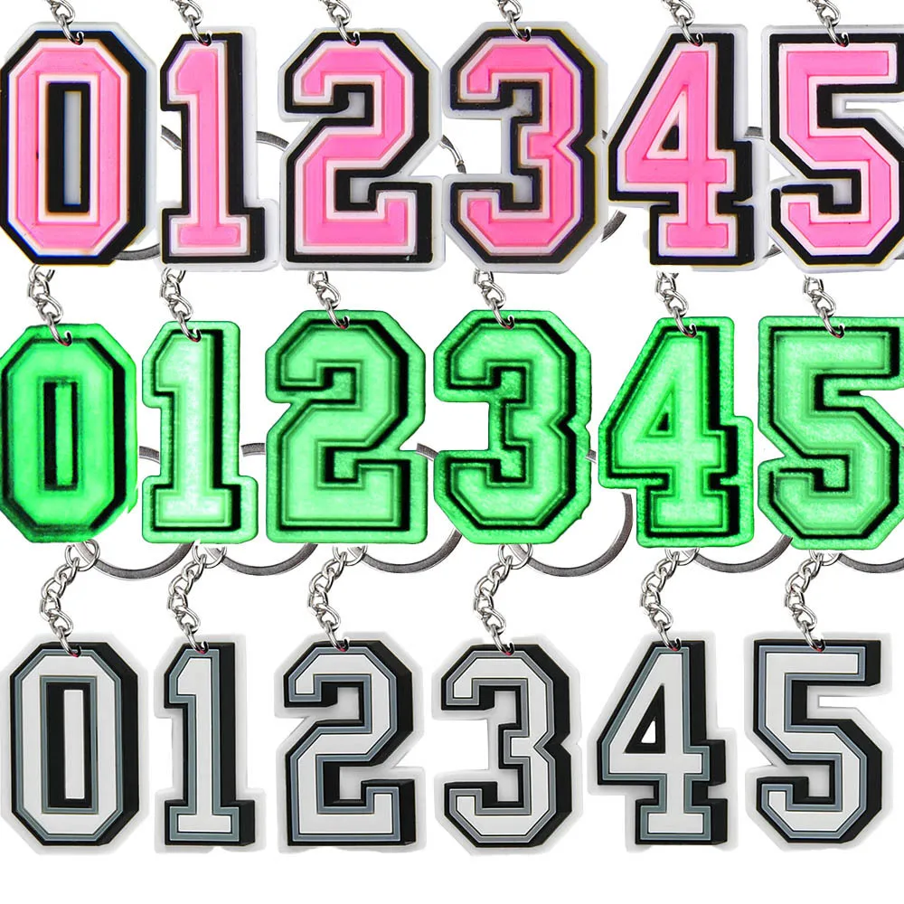 1pcs Colorful Number DIY PVC Keychains Pink White Glow In The Dark 0-9 Keyrings Cartoon Kids Backpack Ornament Birthday Gifts