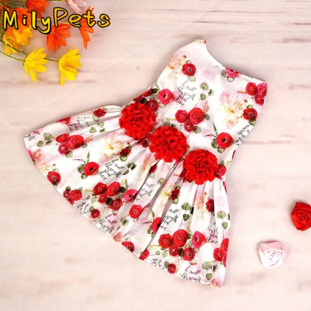 

Dog Print Dress Cute Dog Princess Dress Breathable Red Rose Pet Skirt Soft Dog Sleeveless Dress Summer