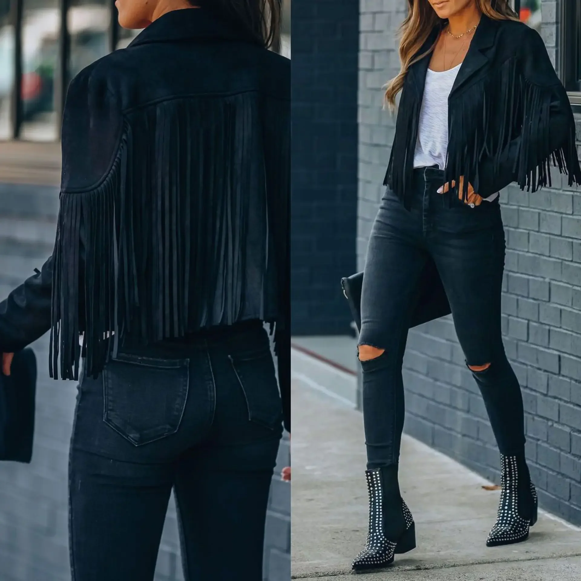 Fringed Bomber Jacket Women Spring Fashion Long Sleeve Turn-down Collar Open Stitch Slim Jackets