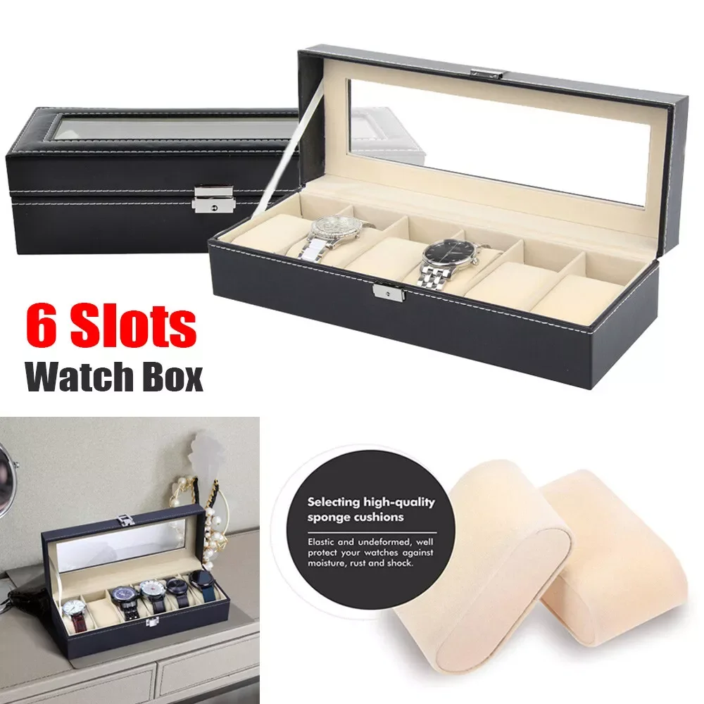 6 Grids Leather Display Storage Collection Organizer watch box Case WithGlass Top Slot Men Watch Bracket Display Box Gifts