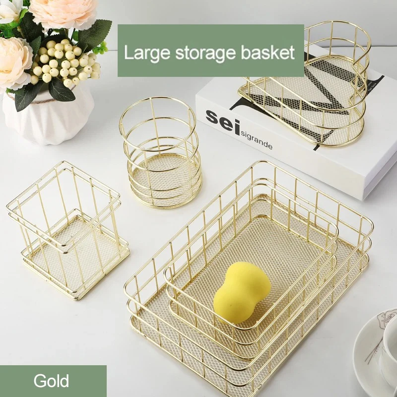 Nordic Iron storage Basket jewelry organizer Gold Office Desktop Sundries Makeup Brushes Holder Table Cosmetics Organizer Rack