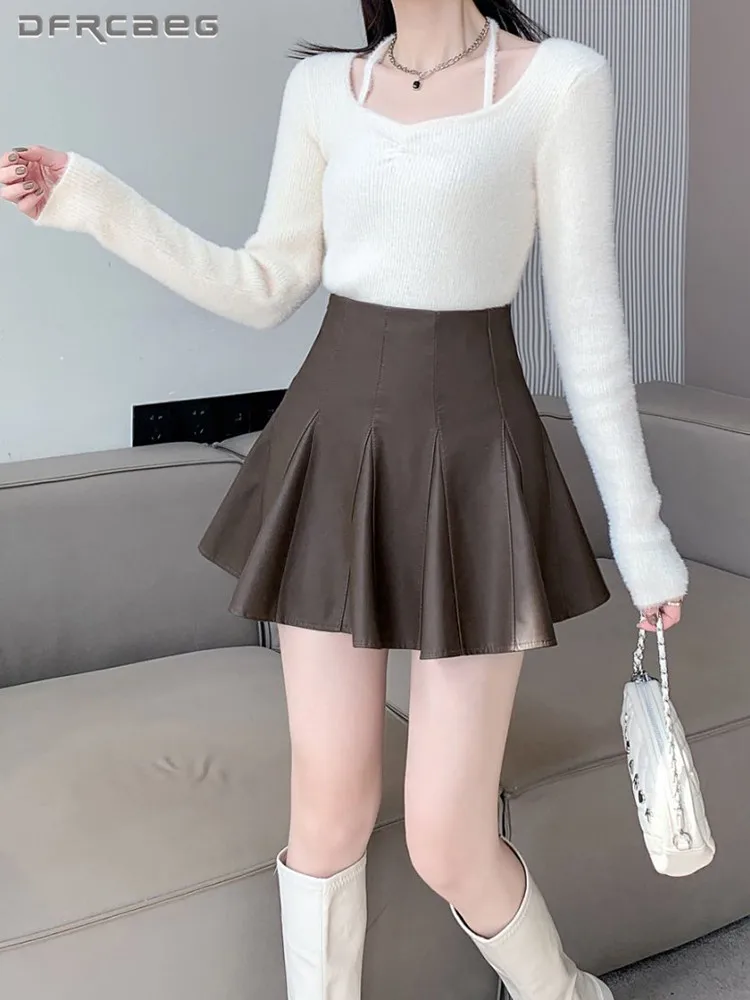 

Осенне-зимняя юбка-зонтик из искусственной кожи для женщин, тонкое бальное платье с высокой талией, сексуальные юбки-зонтики для ночного клуба, женские юбки