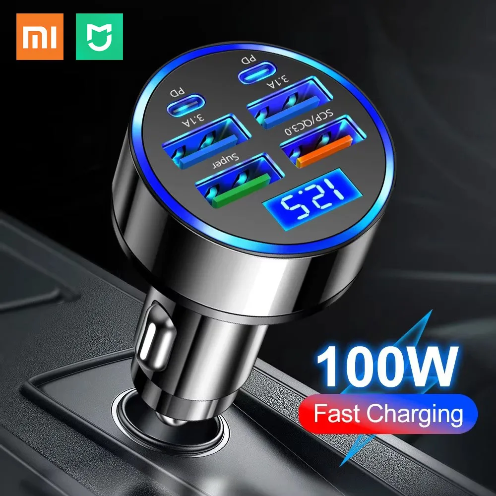 

Mijia 100W 6 Ports Car Charger Fast Charging PD QC3.0 USB C Car Phone Charger Type C Car Accessories For iPhone Samsung Xiaomi