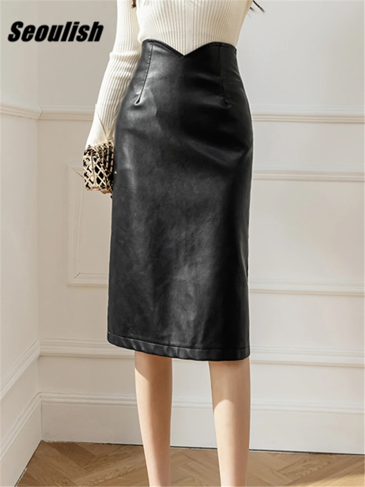 

Seoulish Black PU Leather Wrap Women's Midi Skirts 2022 New High Waist Workwear Ladies Sheath Pencil Skirts Female Autumn Winter