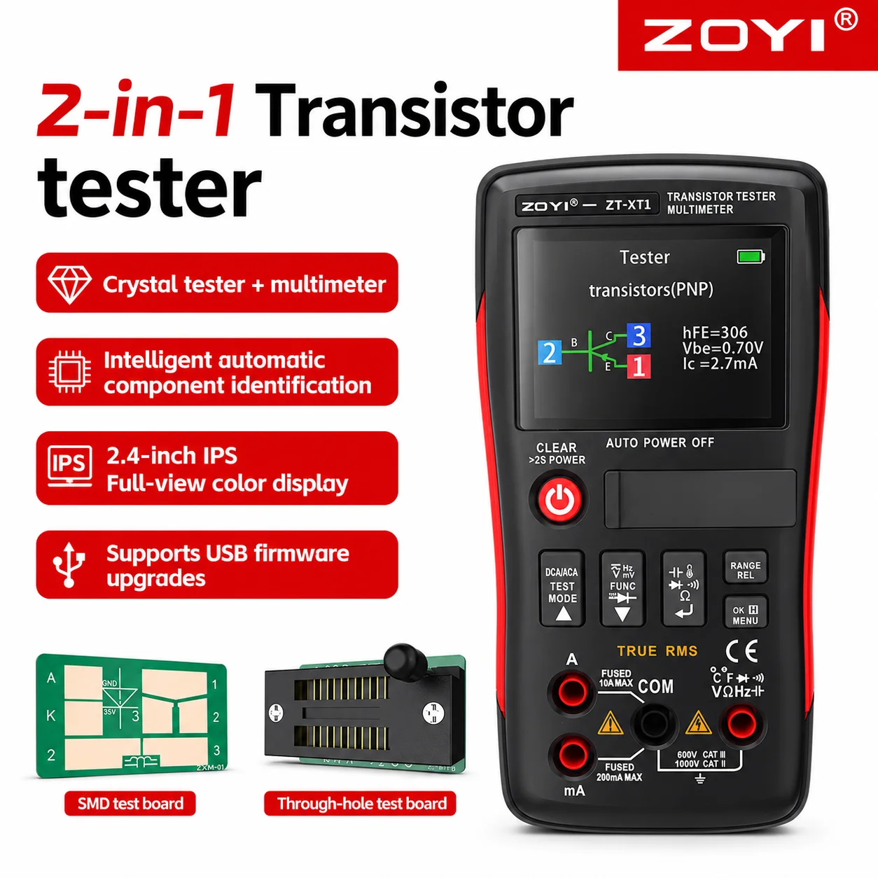 ZOYI XT1 Transistor Tester Multimeter 2-in-1 Diode Triode Capacitance Resistance LCR ESR MOSFET Multifunction Detector