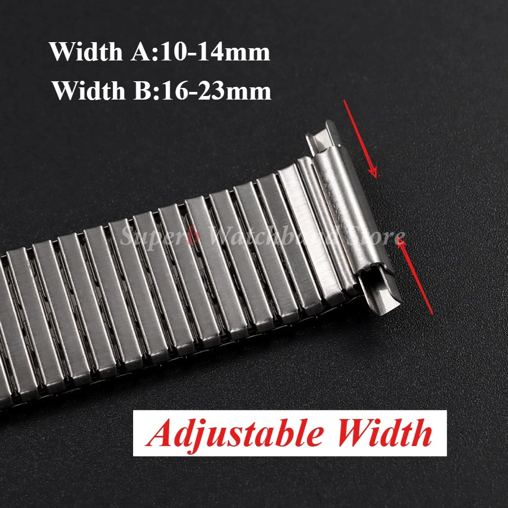 Correa de reloj de acero inoxidable, correa elástica de ancho ajustable, 10-14mm, 16-23mm de expansión, accesorios de pulsera plateados para hombres y mujeres