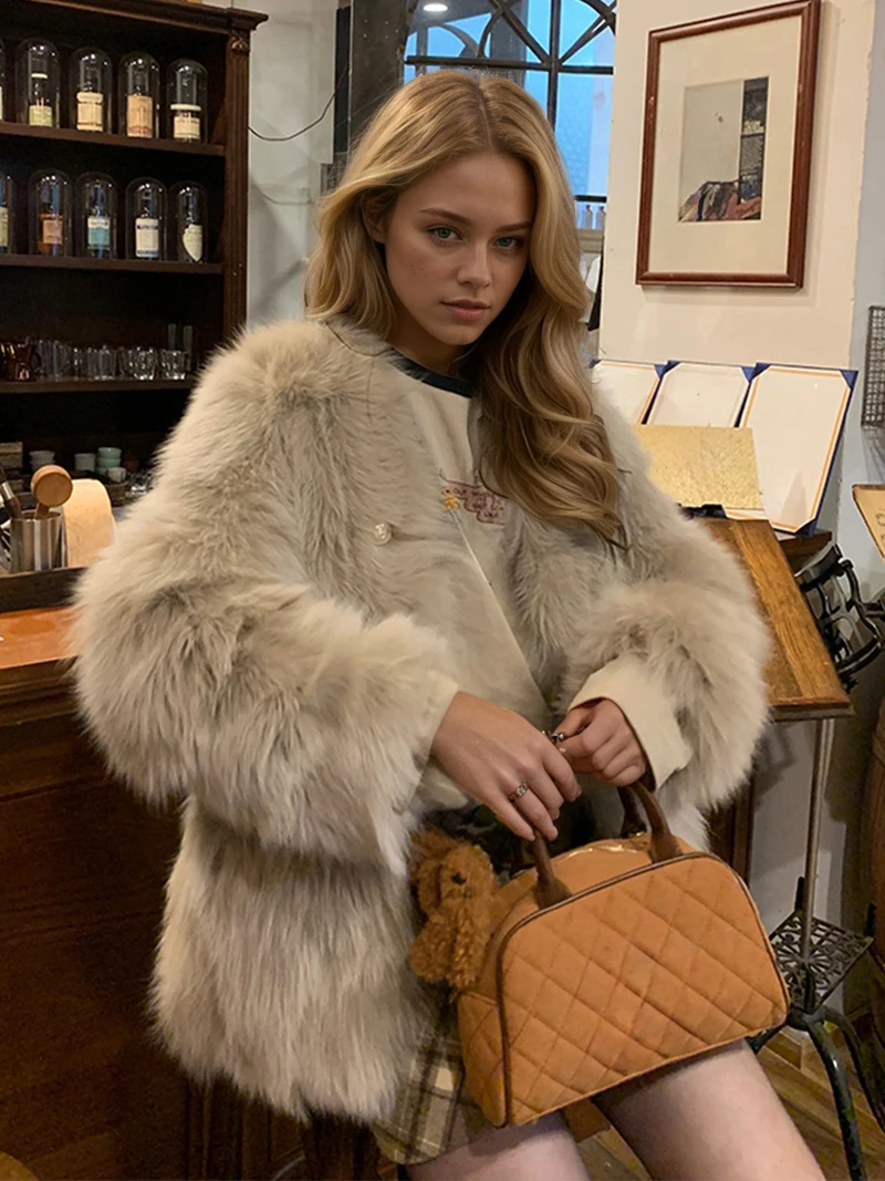 Warm Women's Winter Fur Coats Lady Style V Neck Faux Fur Cardigan Thick Casual Outerwear Fashion Lady Fluffy Jacket Coats