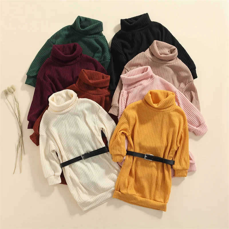 Little Toddler Baby Girl Outfits Turtleneck Ribbed Knit Sweater Dress Kids Solid Ribbed Long Sleeve Dresses +Belt Fall Clothes