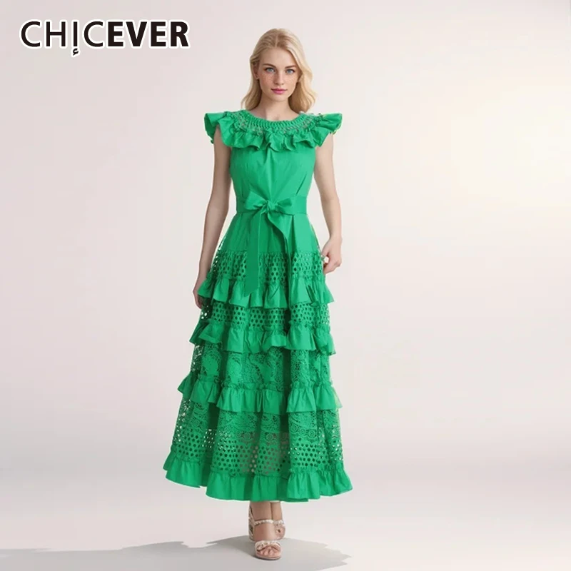 

CHICEVER Elegant Hollow Out Dresses For Women Slash Neck Sleeveless High Waist Patchwork Ruffles Solid A Line Slim Dress Female