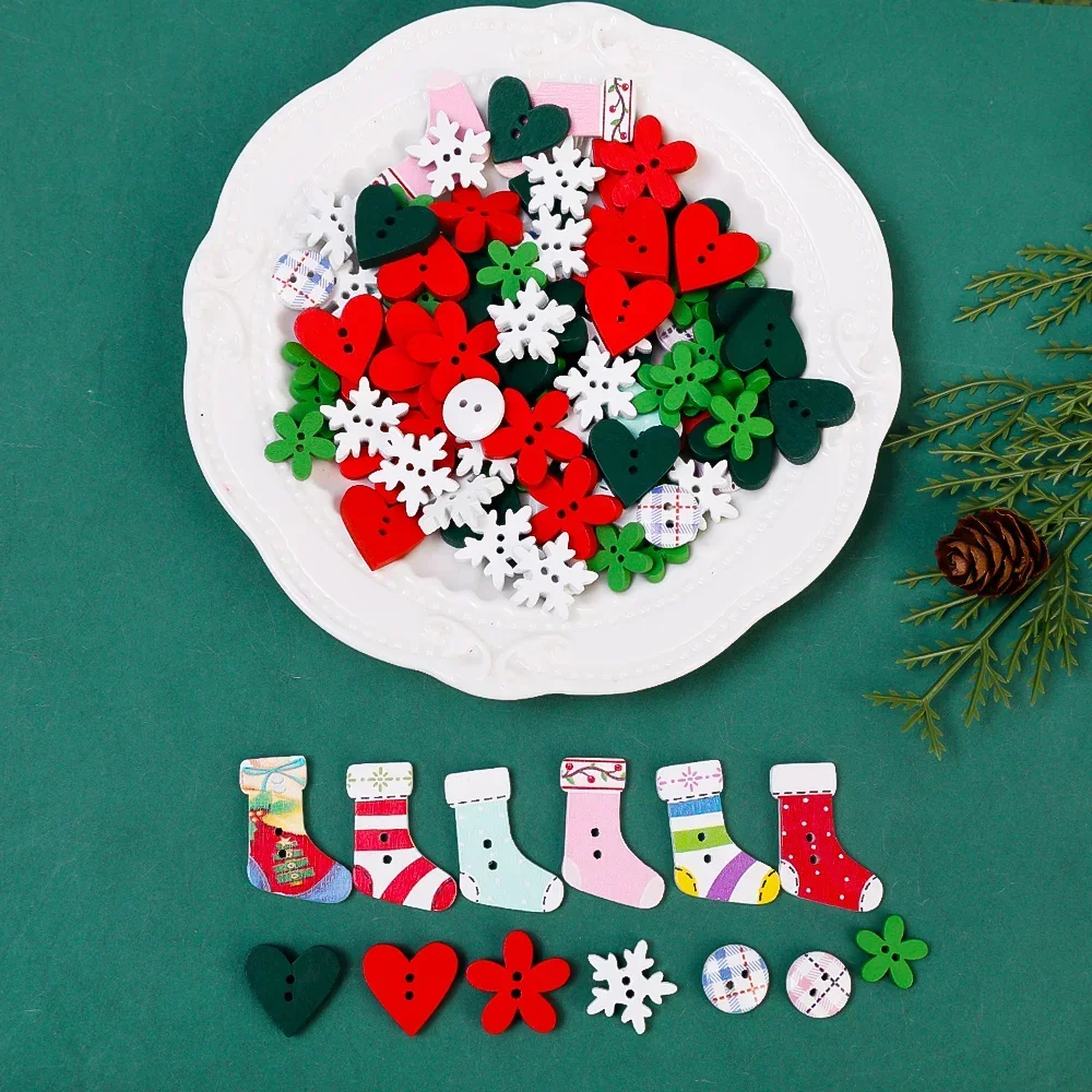 50-150pcs Christmas Wooden Buttons Ornament Decorative Clothing Sewing with 2 Holes Claus Snowflake Cutout Slices DIY Handcraft