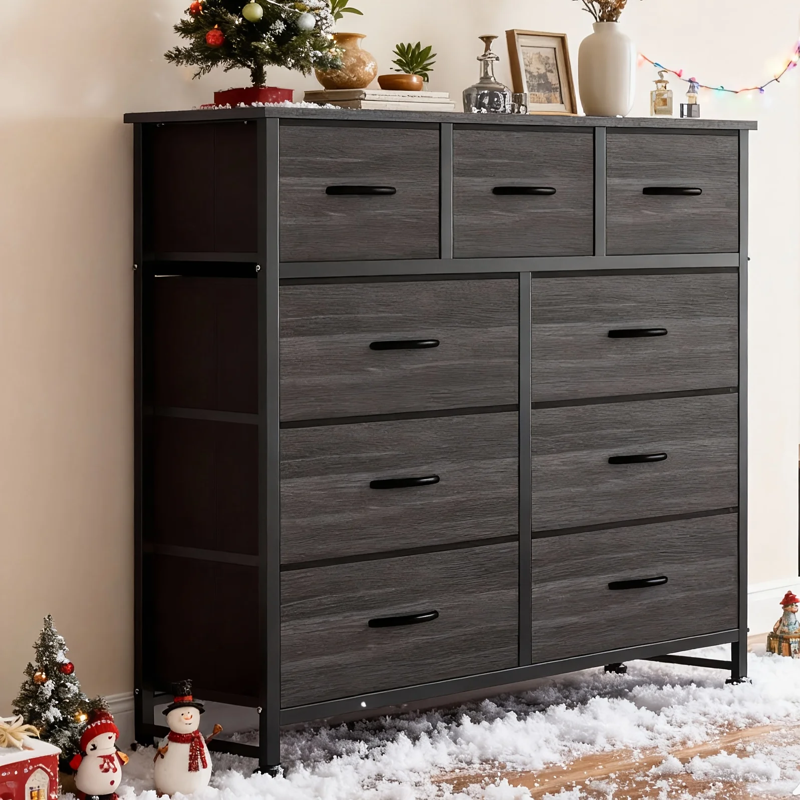 9 Drawer Fabric Dresser with Bins Tall Chest Organizer for Bedroom Closet Hallway Steel Frame Wood Top Easy Pull Handles
