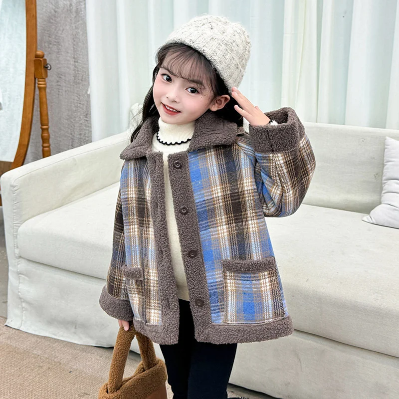 Girls Lamb Fur Plaid Coats Winter Kids Thick Plus Velvet Warm Jackets Padded Sheepskin Outerwear Snowsuits Children Clothing