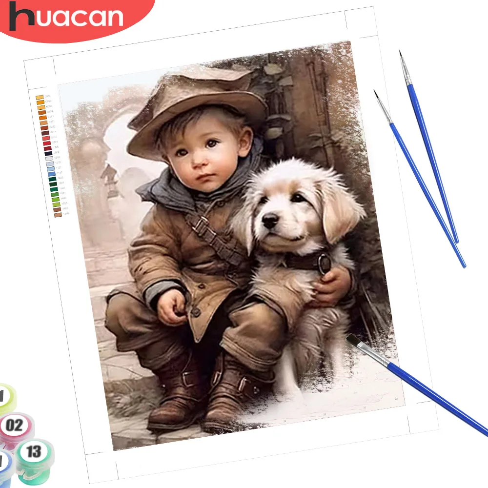 

HUACAN Painting Numbered Boy Dog Portrait Drawing On Canvas Animal Figure Set For Creativity Home Decor HandPainted
