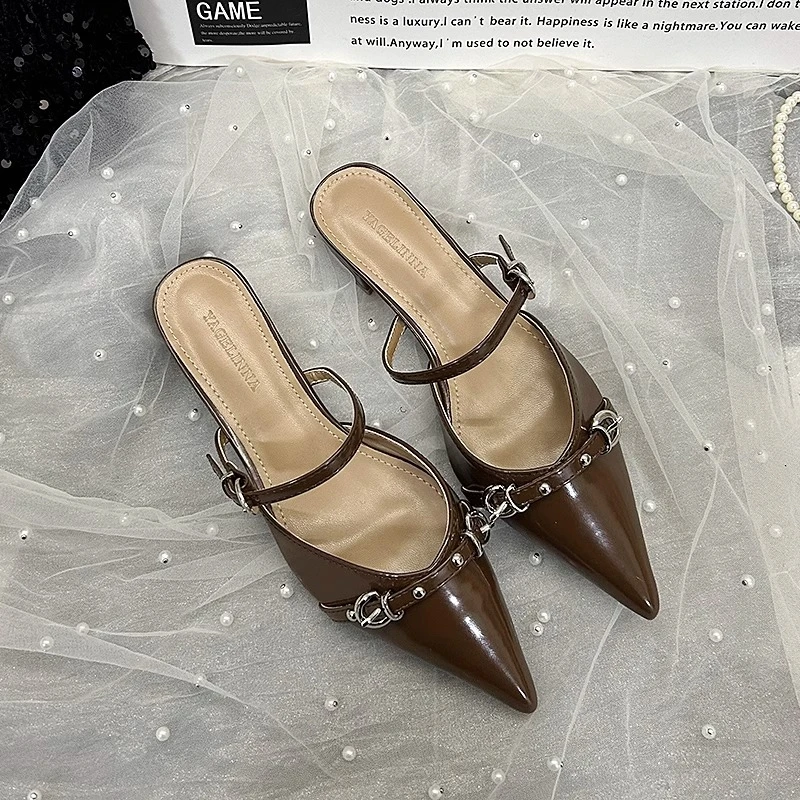 

Summer Pointed Belt Buckle Thin Heel Belt Buckle Single Women's Baotou Silver Back Empty High-heeled Sandals Slippers Women