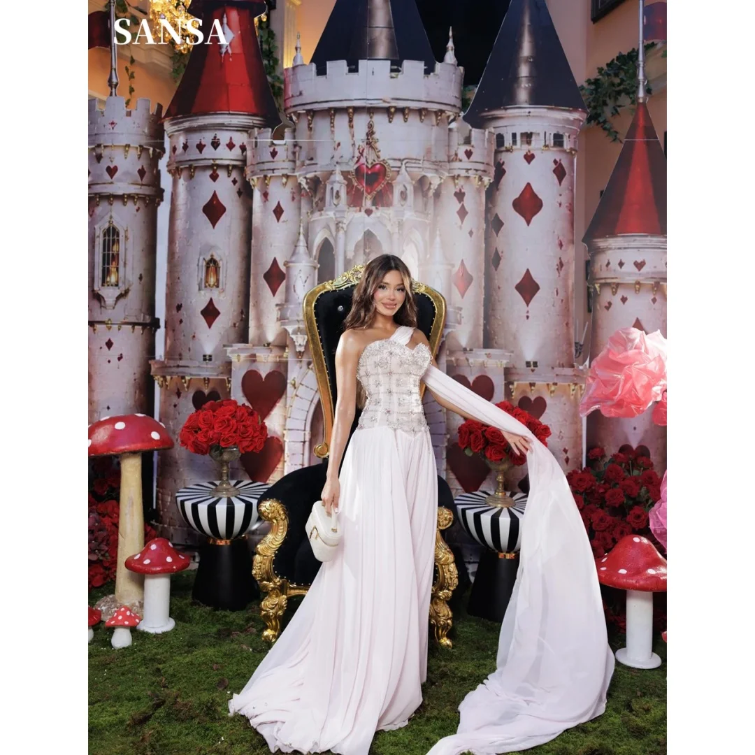Sansa Customized One Shoulder Shawl Prom Dresses Shiny Crystal Beaded Vestidos De Noche Multilayer Pleats Formal Evening 2026