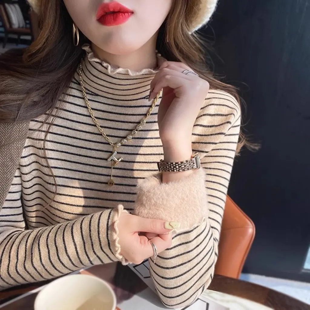 

Women's Light Foam Striped Sweater High-Grade Fleece-Lined Thickened Inner Wear Autumn Winter Half Turtleneck Base Layer