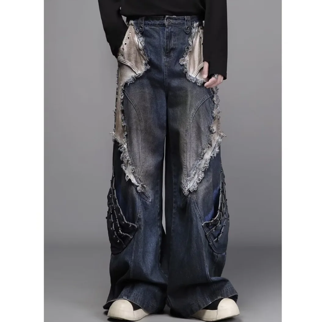 Retro Weathered Denim Jeans Women's Loose Straight Leg Trousers Autumn American Design Sense Hole Punching Draping Wide Leg P...