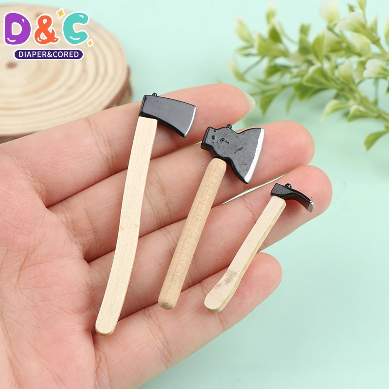 3Pcs/set 1:12 Scale Dollhosue Mini Wood Metal Chopper Hatchet Dollhouse Miniature Farming Tools Garden Tools