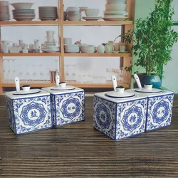 Chinese Classical Ceramic Salt and Pepper Shakers Blue and White Porcelain Spice Jars Canister Set Kitchen Seasoning Organizer