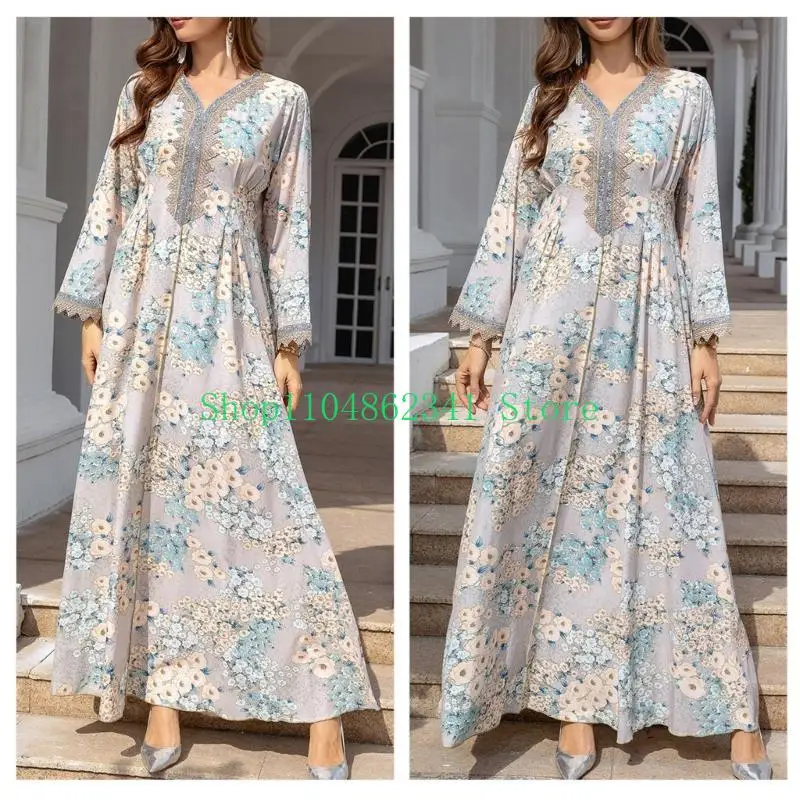 여성 이슬람 드레스 가운 꽃 프린트 드레스 이슬람 전체 길이 드레스 느슨한 중동 Thobe 여성 긴 소매 드레스