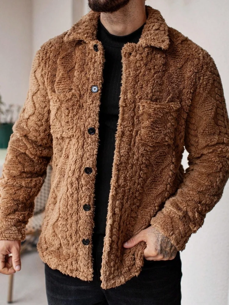 Men's Flannel Jacket Plush Lapel Fall Winter Long Sleeves Solid Color Cardigan Single Breasted Casual American Retro Jackets