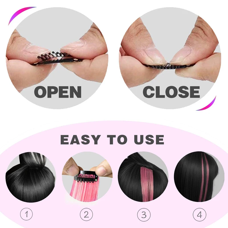 10 Uds. Extensiones de cabello con Clip rosa, peluca con reflejos para fiesta, peluca recta de color sintético para niñas y niños, uso en fiesta de Navidad