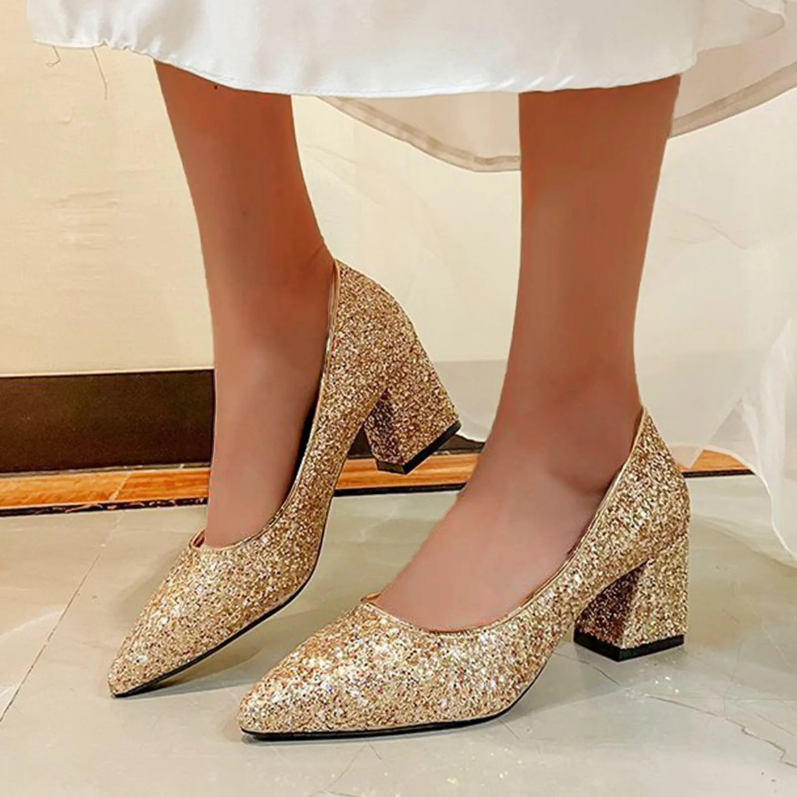 Women Pumps 2023 Hot Sale Shoes Spring Autumn Fashion Sequins Thick High Heels Shallow Shoes Female Pointed Toe Party Shoes