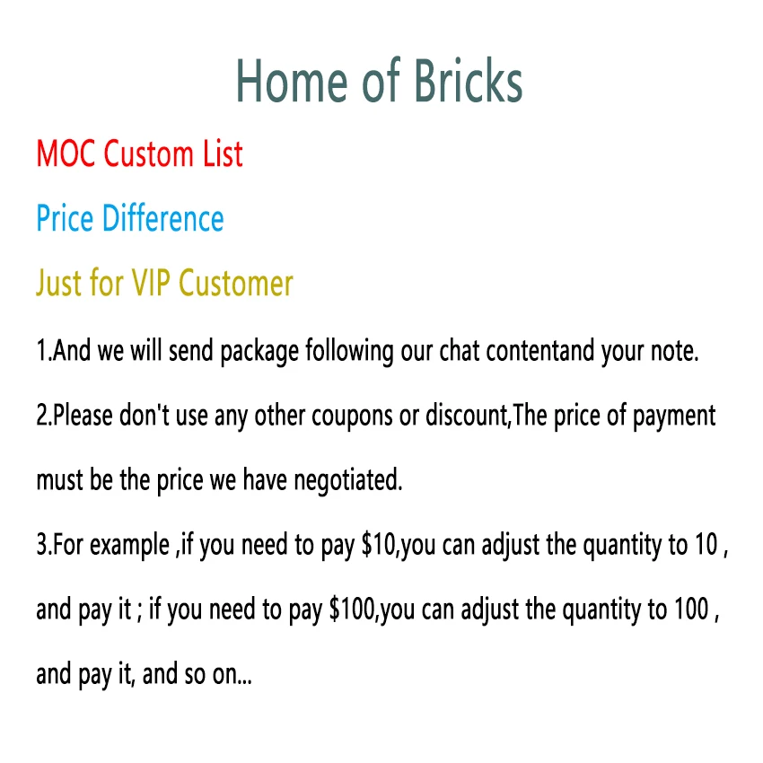 MOC Custom List /Sample /Price difference Link Building Block Toys Just for VIP Customer