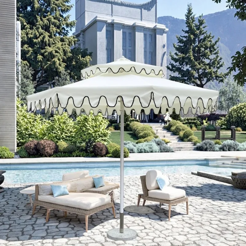 Double top aluminum patio umbrella with scallop sun garden edge, perfect for outdoor market beaches or swimming pools