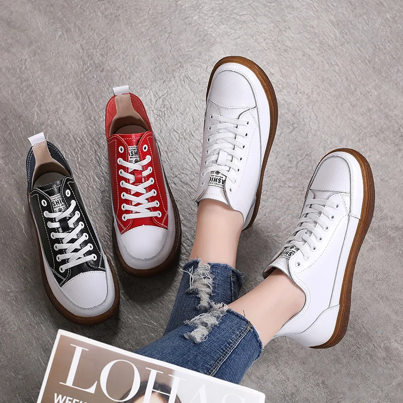 Women Genuine Leather Sneakers Round Toe Lace Up Fashion Ladies Trainers Retro Vulcanized Walking Shoes Woman Summer Flats Boots