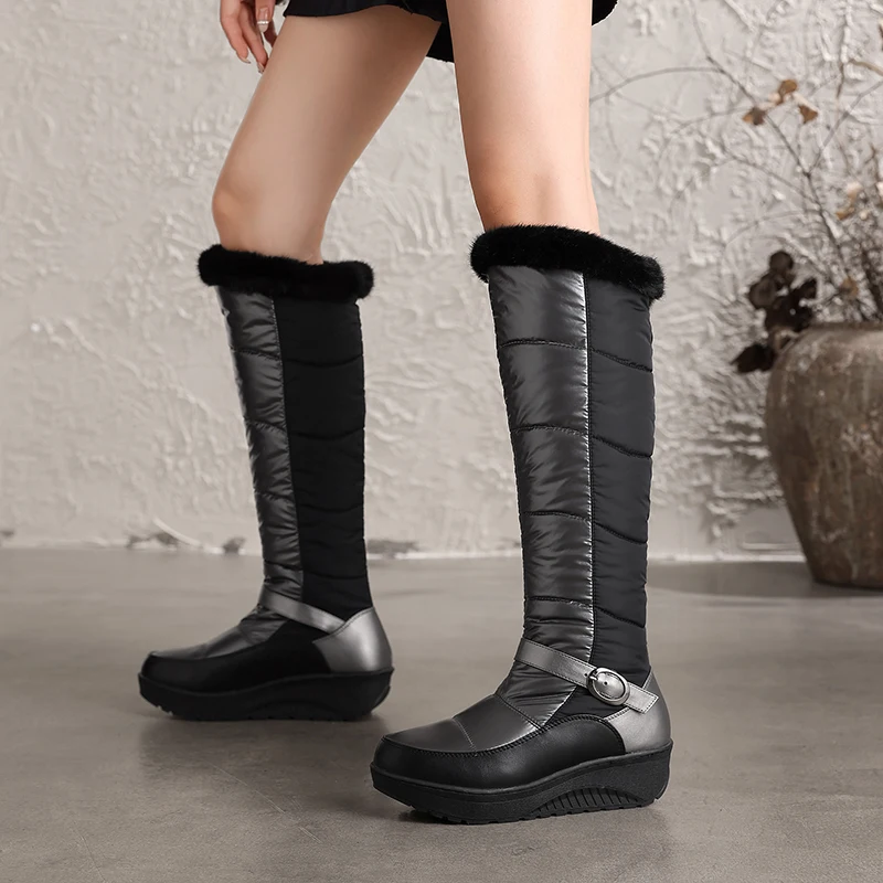 Winter Black Grey Patchwork Women Knee High Snow Boots Round Toe Buckle Strap Wedge Heel 4cm Ladies Pumps Fur Cuff Warm Shoes