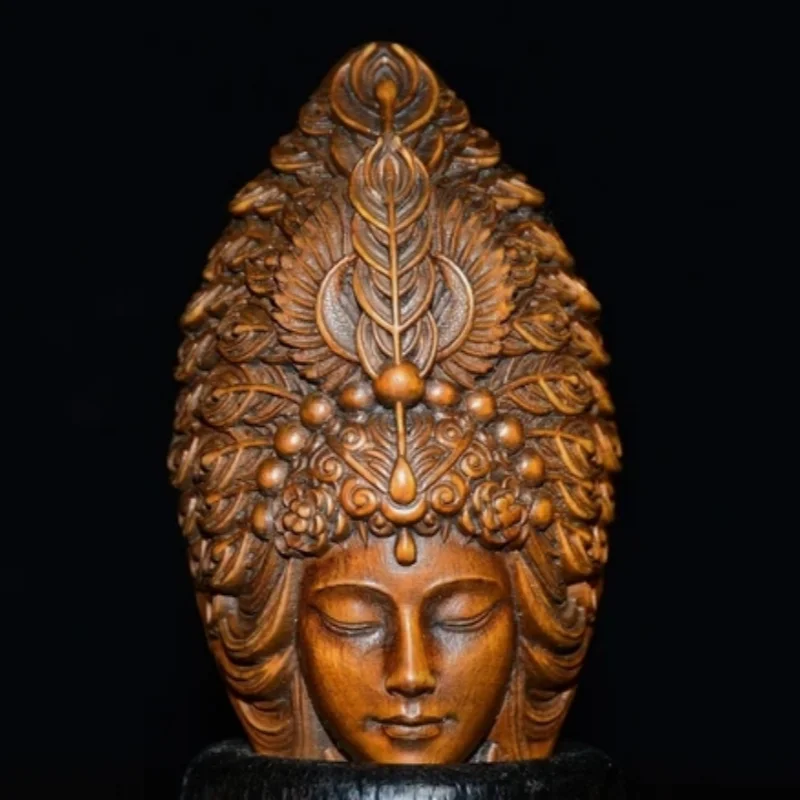 Chinese Natural Boxwood Carved Exquisite Two Sided Kwan-yin Statue Figurines Art