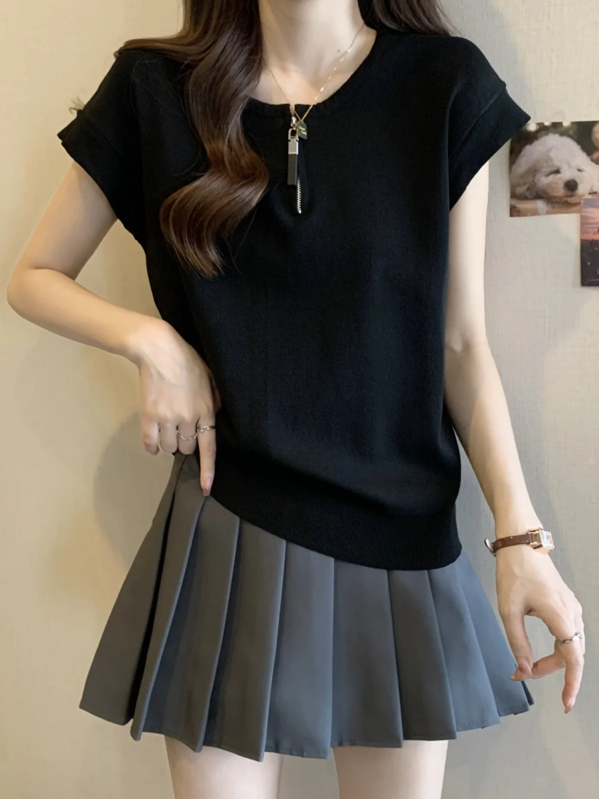 American Style Ice Silk T-Shirt Women's Summer Fashion plus Size Slimming Belly Covering Design Half Zipper Short Sleeve Top