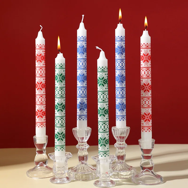 2pc Christmas Printed Long Pole Candle 2.2x25cm Round Column Wax Wedding Banquet Decor Household Column Smokeless Candle