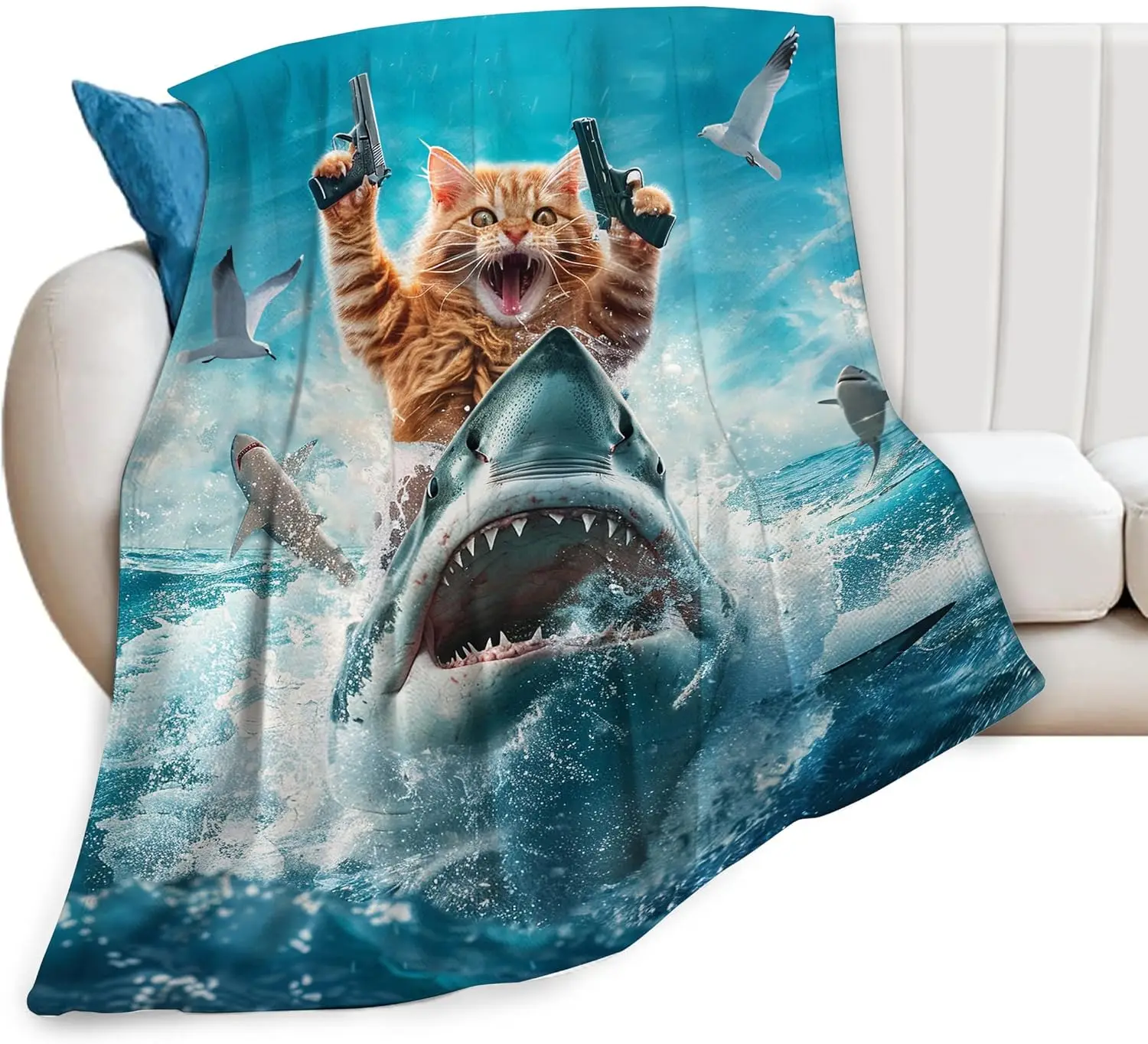 Super Soft Flannel Throw Blanket Funny Cat Shark Attack Ocean Scene Novelty Polyester Bedspread Perfect Home Decor Gift for Kids