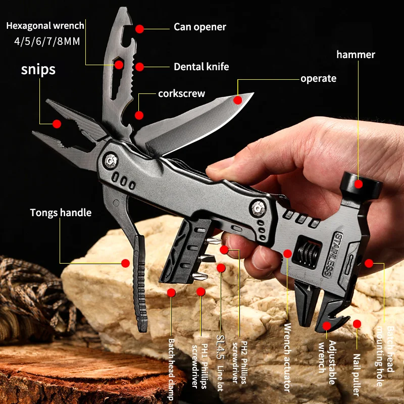 Outdoor knife pliers EDC tool Black multi-functional adjustable wrench combination universal folding