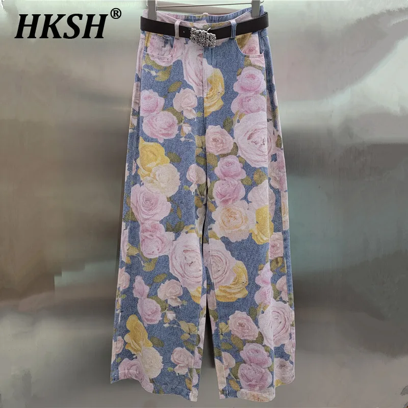 

HKSH Spring Summer Women's Chic Y2K Vintage High Street Casual Fashion Printed Jeans Washed Straight Wide Leg Denim Pants HK5338