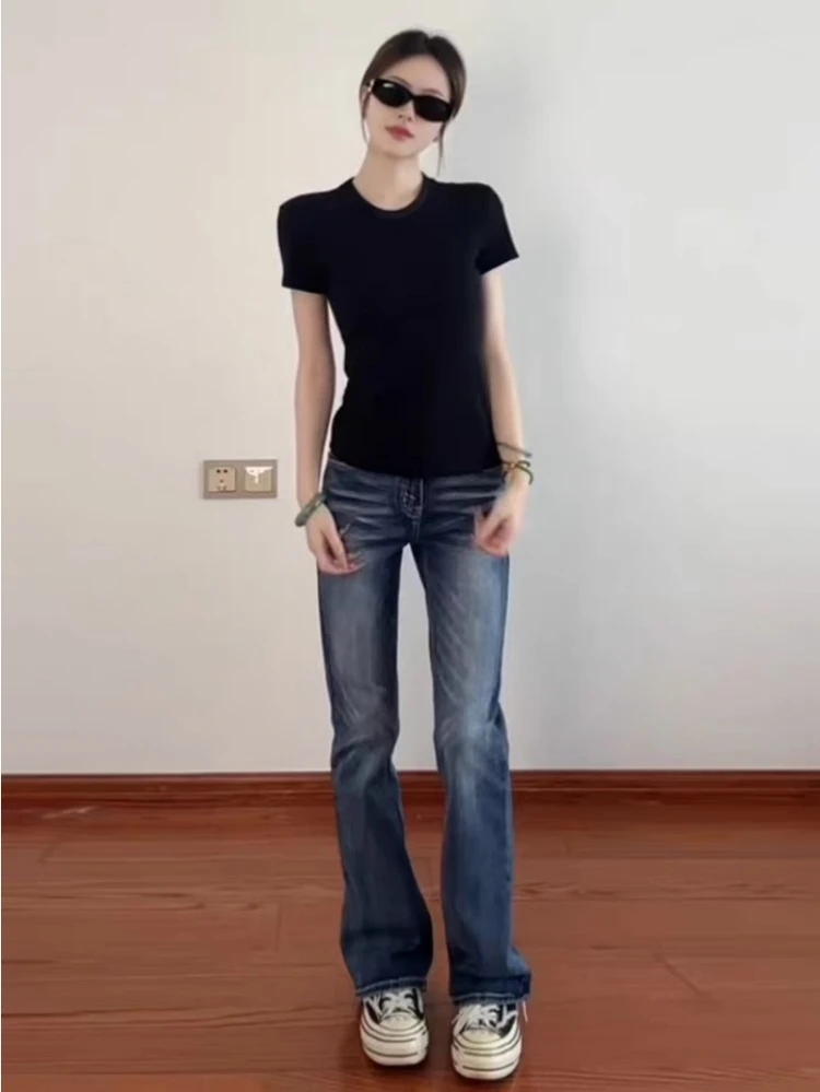 

Retro American Flared Jeans Women's Winter Low Waist Straight Leg Slimming Fleece Lined Narrow Version Floor Length Pants