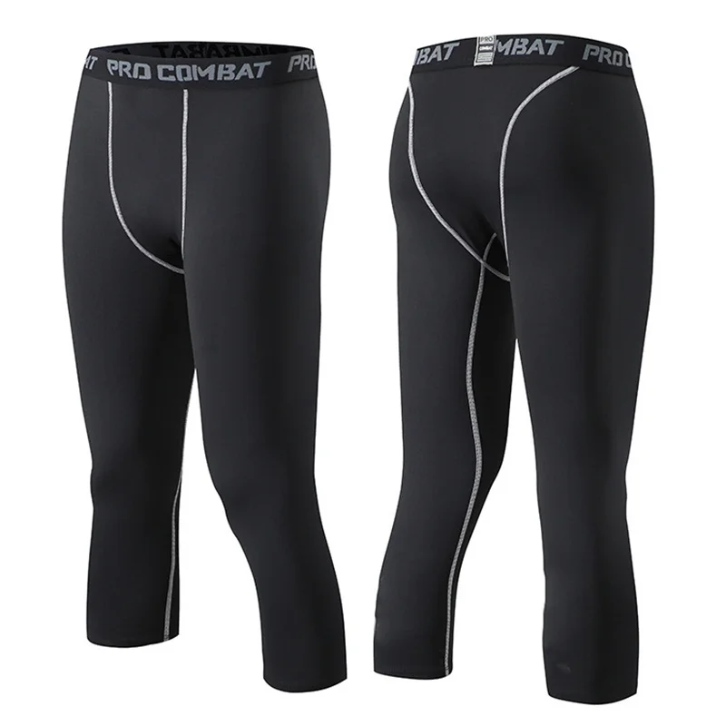 Pop Men Compression Base Layer Running Tight Shorts Sport 3/4 Cropped Pant Leggings Gym Basketball Fitness Exercise Cycling Trou