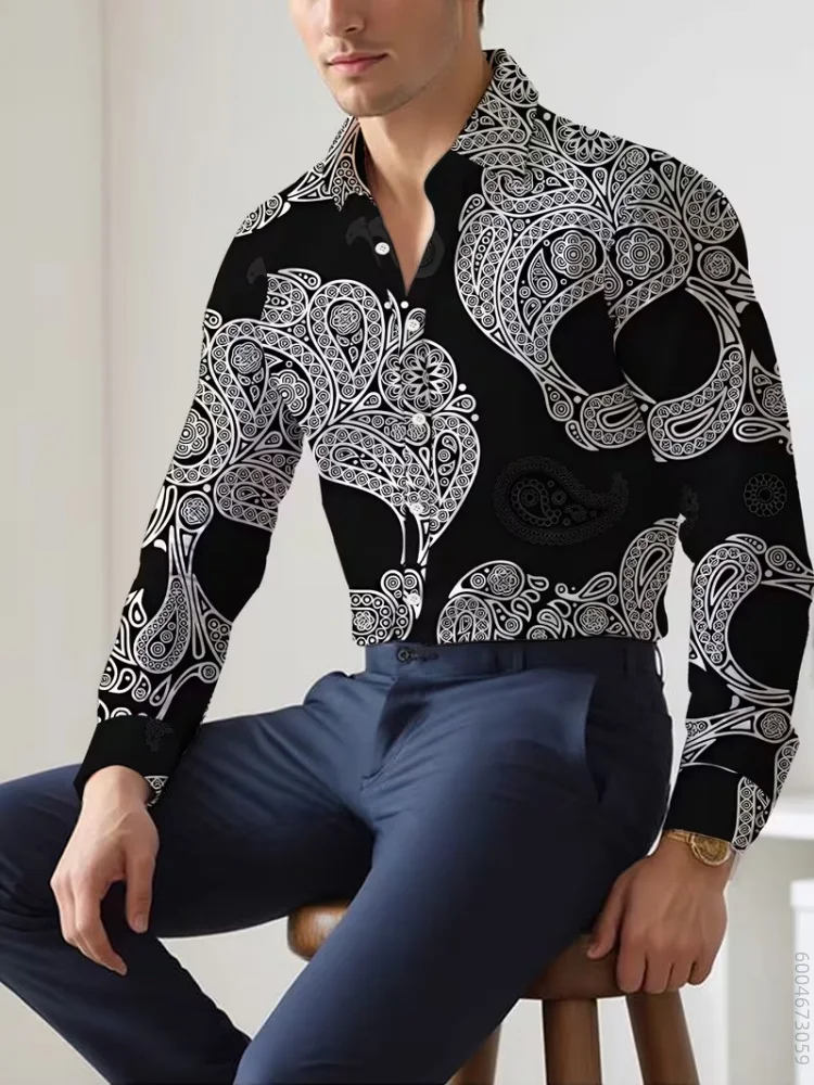 Men's long sleeved shirt with cashew flower pattern printed shirt, versatile, trendy and comfortable top for vacation banquets