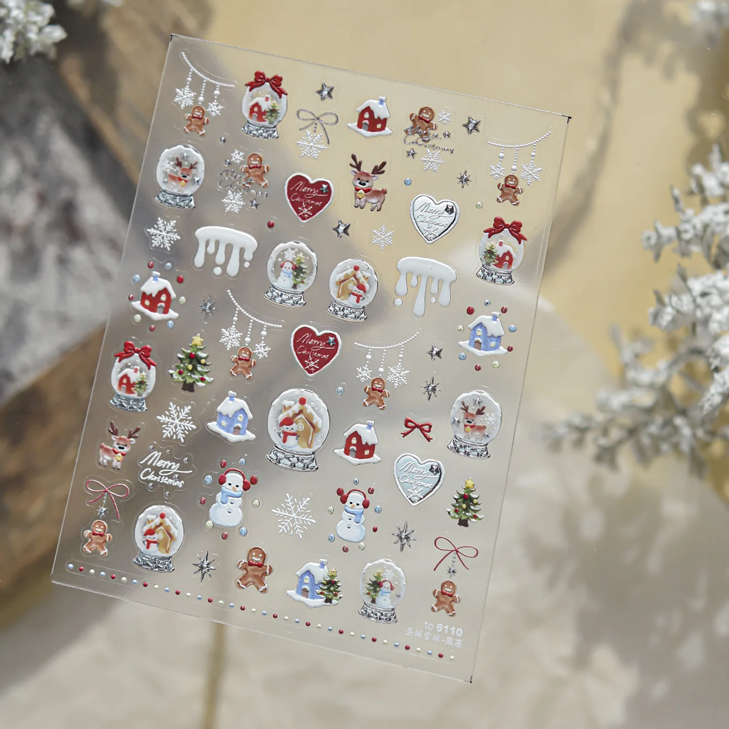 Xmas Winter Scene 5D Nail Sticker Snow Globe Wooden Cabin Reindeer Gingerbread Man Snowman Snowflake Heart Merry Christma Decal