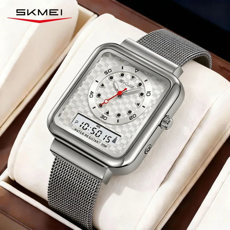 SKMEI Retro Mesh Strap Digital Watch for Men, Fashionable Business Digital Watch, Waterproof, Dual Display, Multifunction Men's