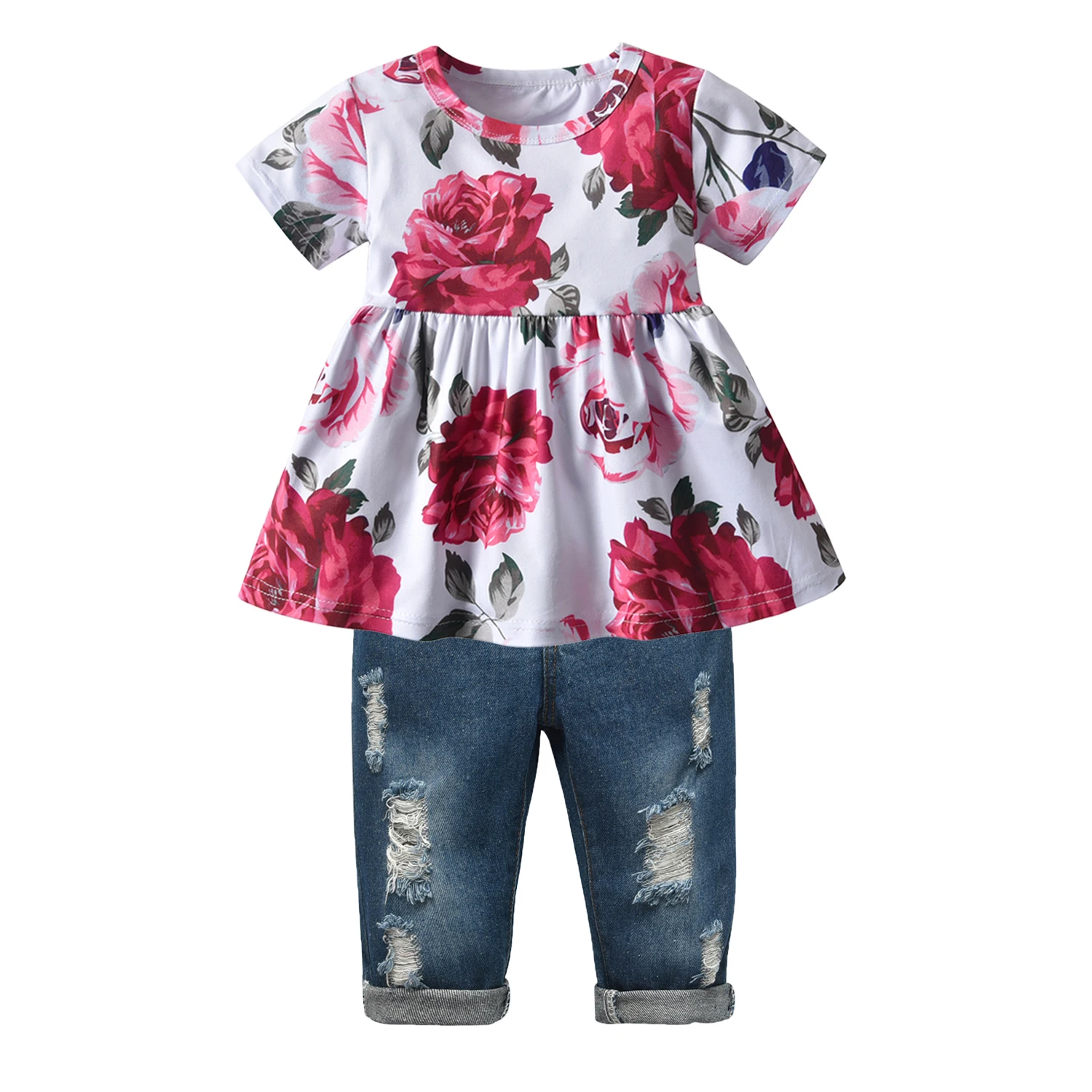 Toddler Kids Girls Summer Clothes Set Children Girl Cotton Short Sleeve Flowers Printed T-Shirt Top +Jeans 2Pcs Outfit for Girl