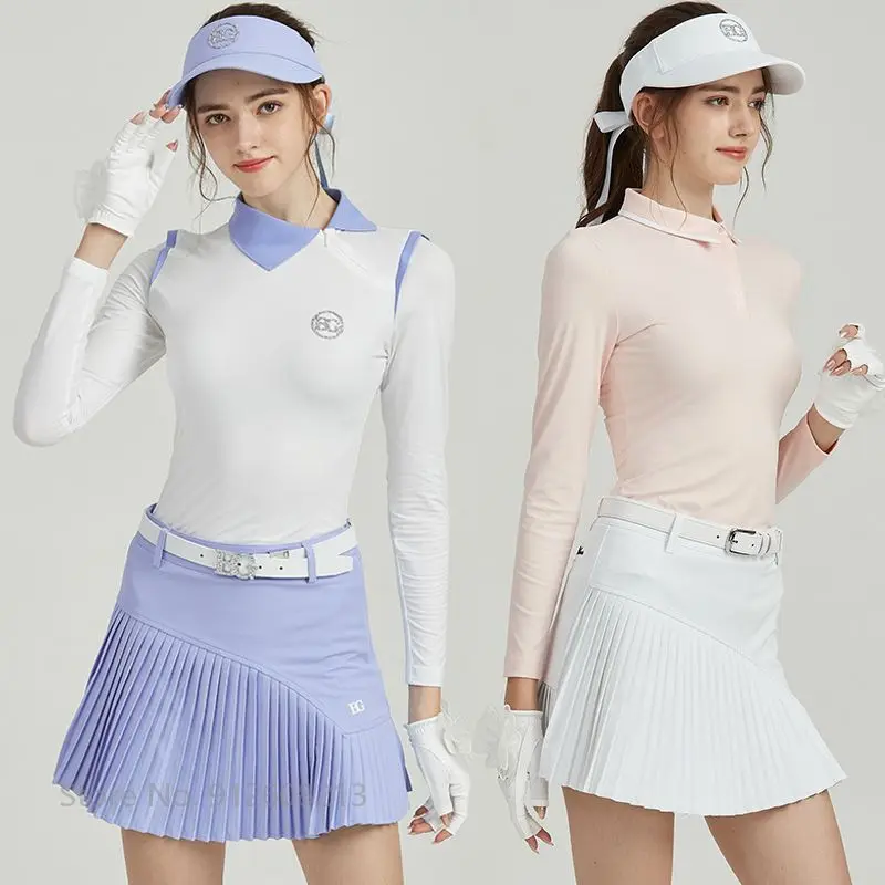 

Blktee Autumn Ladies Long-Sleeve Slim Golf Shirt Sports Tops Anti-Empty Golf Pleated Skirt Women High Waist Skort Jersey Set